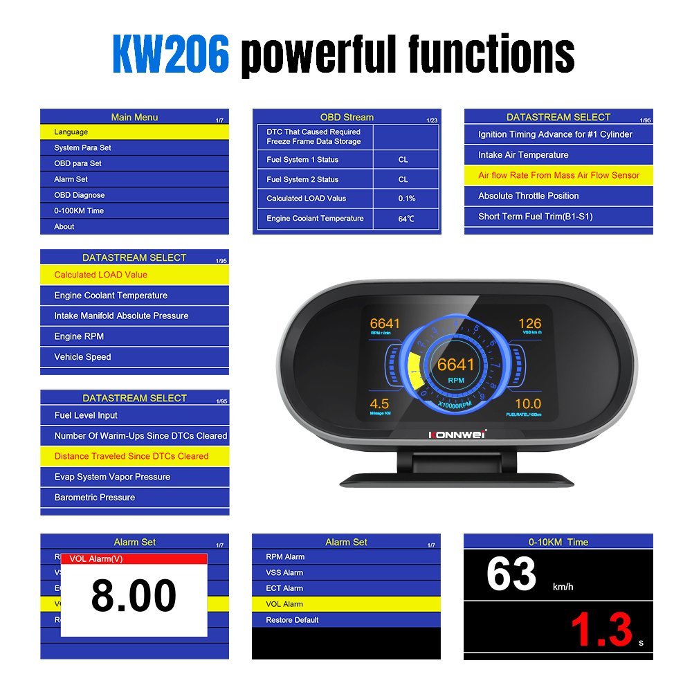 KONNWEI KW206 Car HUD Head up Display Smart Digital Speedometer With OBDII/EUOBD Port LED Display OBDII Scanner