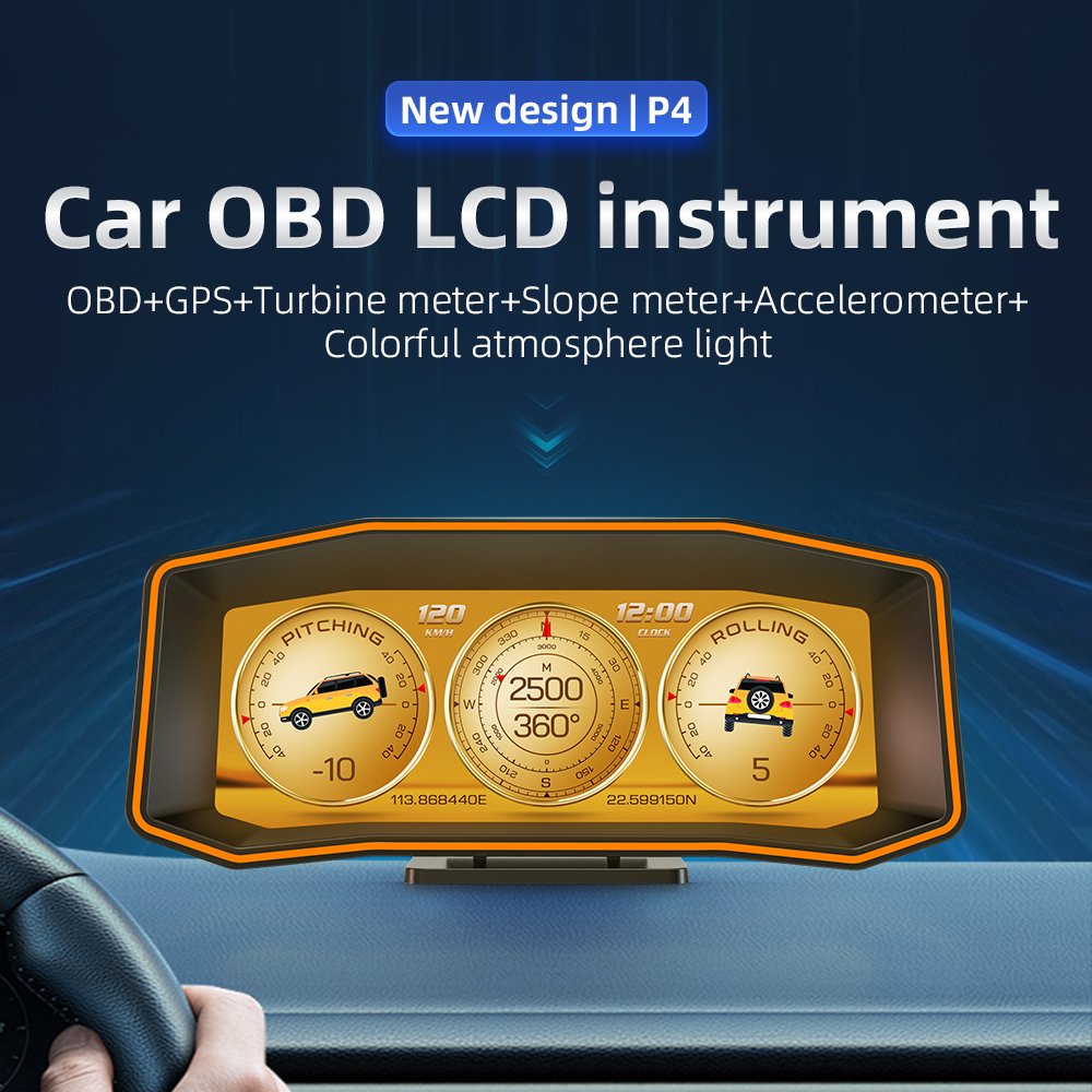 2025 Newest OBD2 GPS Car Head HUD Display P4 Auto Electronics 6-Inch Digital LCD Speed Speedometer Gauge Clock Function for Cars