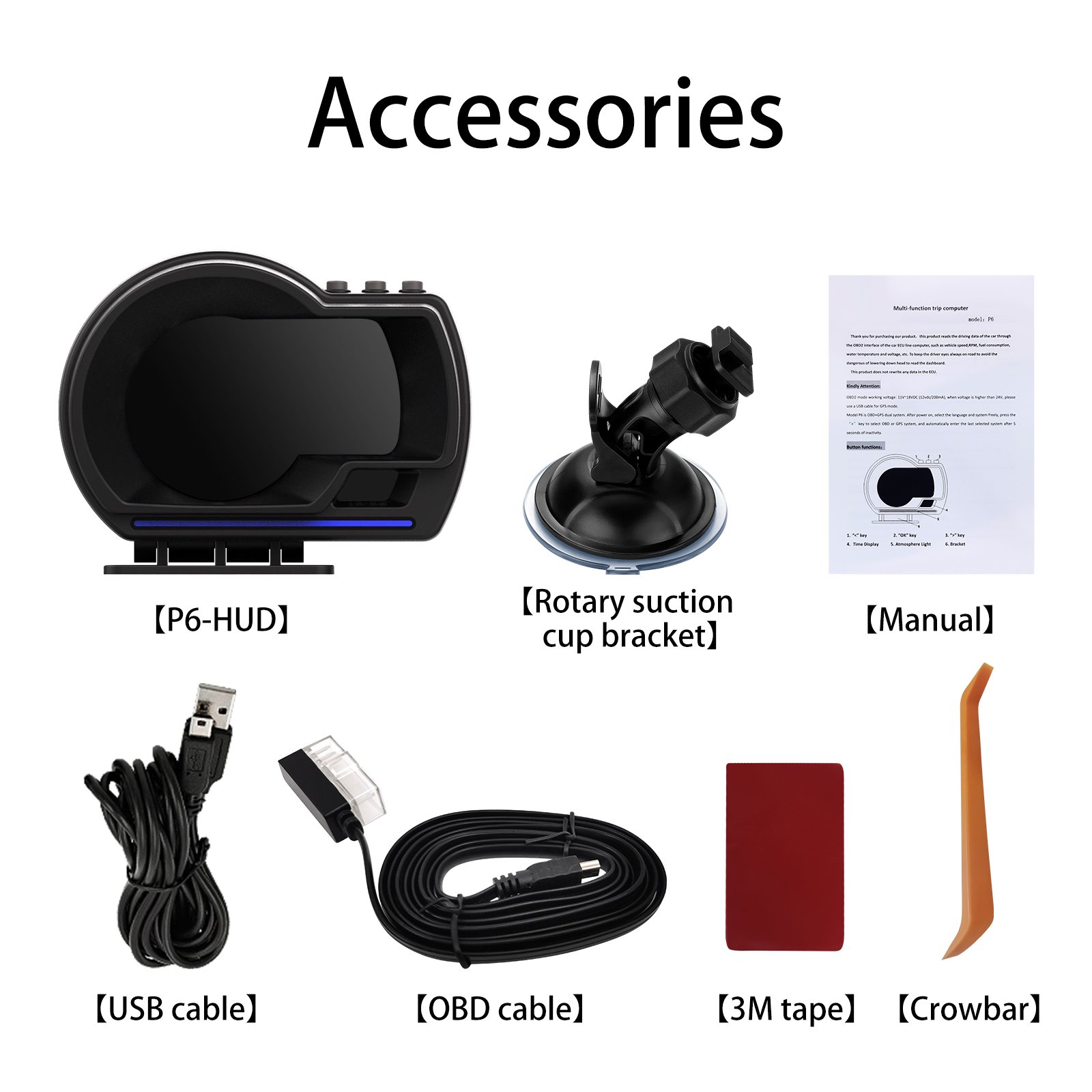 Hot Selling P6 Hud Car Head up Displays OBD2+GPS with Alarm Functions Driving Time Distance Car Accessories Speedometer