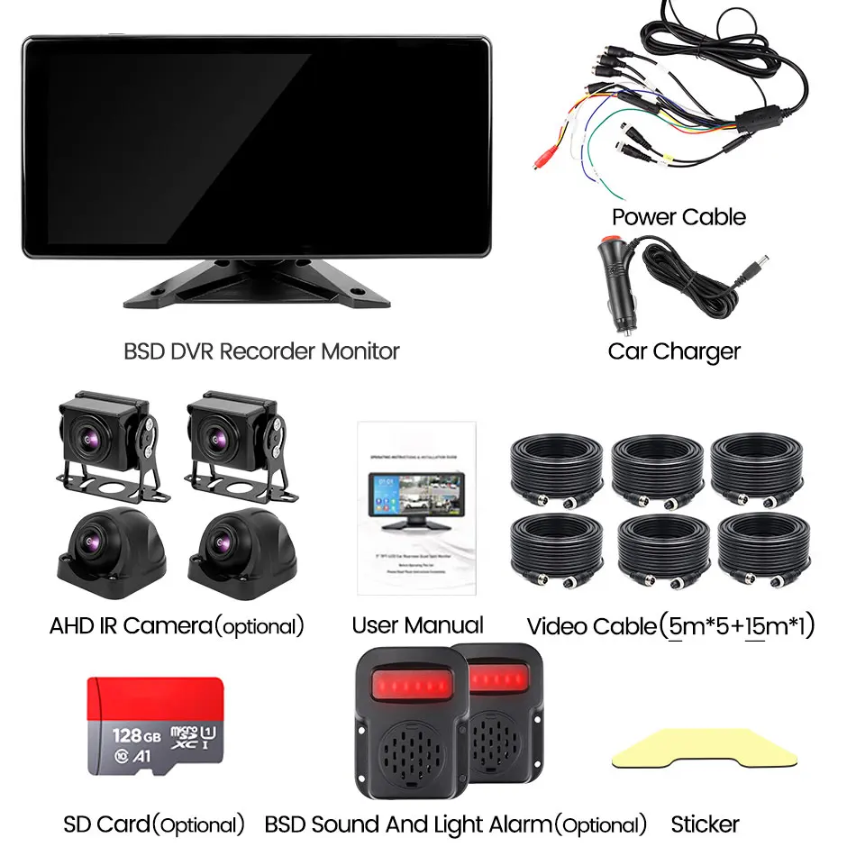 10.36 Inch 4 Channel Smart Blind Spot Radar BSD Alarm Truck Bus Car DVR Recorder Monitor With 4 PCS AHD 1080P Parking Camera