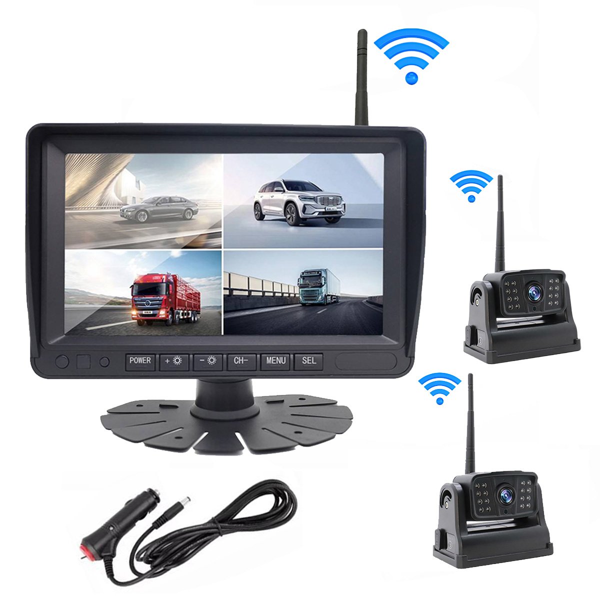 YWX 7'' AHD Blind Spot Radar BSD Alarm DVR Recorder Split Screen Monitor with 2 PCS IR Wireless Camera for Truck Bus Trailer