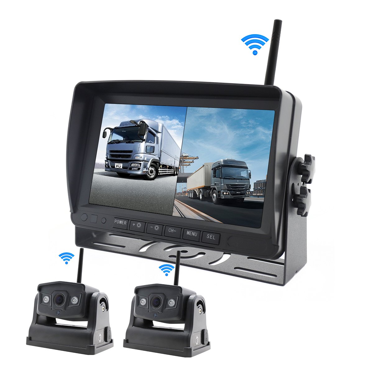 YWX 7'' AHD Blind Spot Radar BSD Alarm DVR Recorder Split Screen Monitor with 2 PCS IR Wireless Camera for Truck Bus Trailer