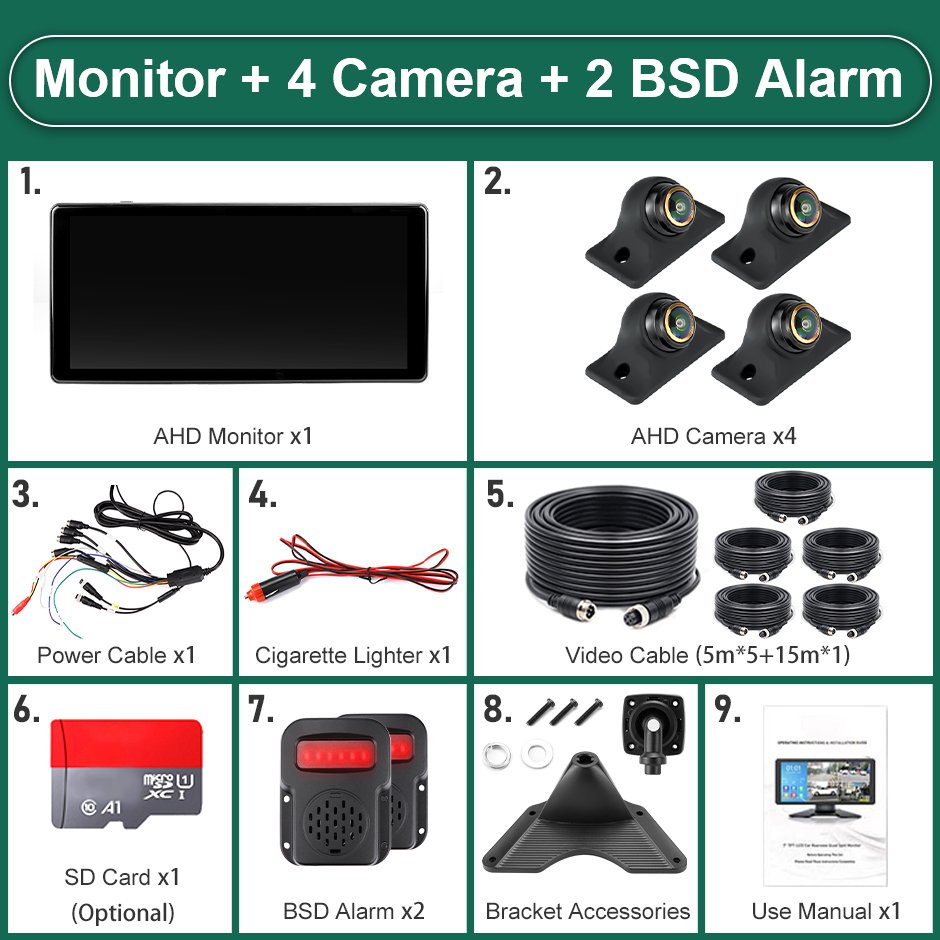 10.36 Inch Touch Screen 4 Channel Split Screen Car MP4 DVR Monitor with 170°AHD 1080P Camera Can Swivel for RV/Truck/Bus