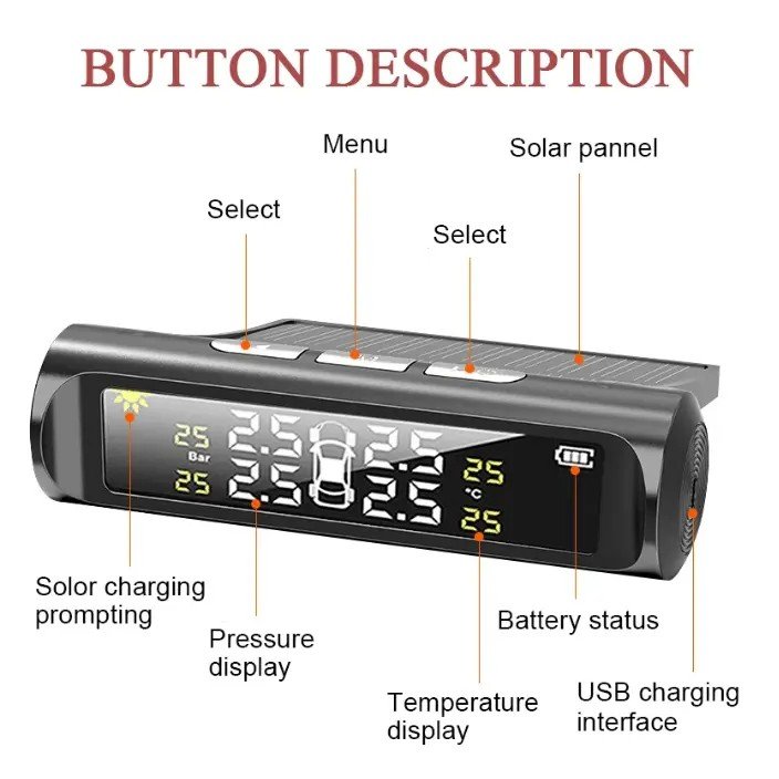 Auto TPMS Tire Pressure Monitoring System Solar Charging HD Digital LCD Display Car Alarms Wireless External Sensors TPMS