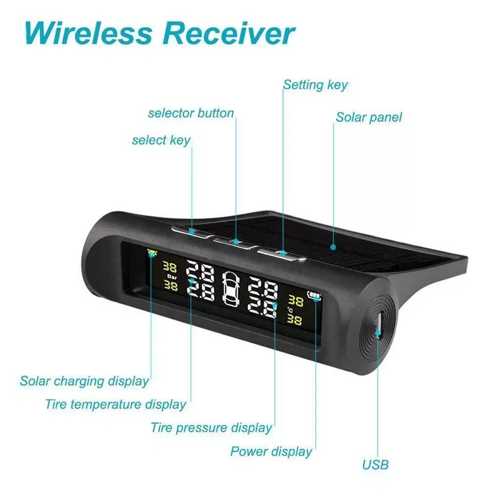 Auto TPMS Tire Pressure Monitoring System Solar Charging HD Digital LCD Display Car Alarms Wireless External Sensors TPMS