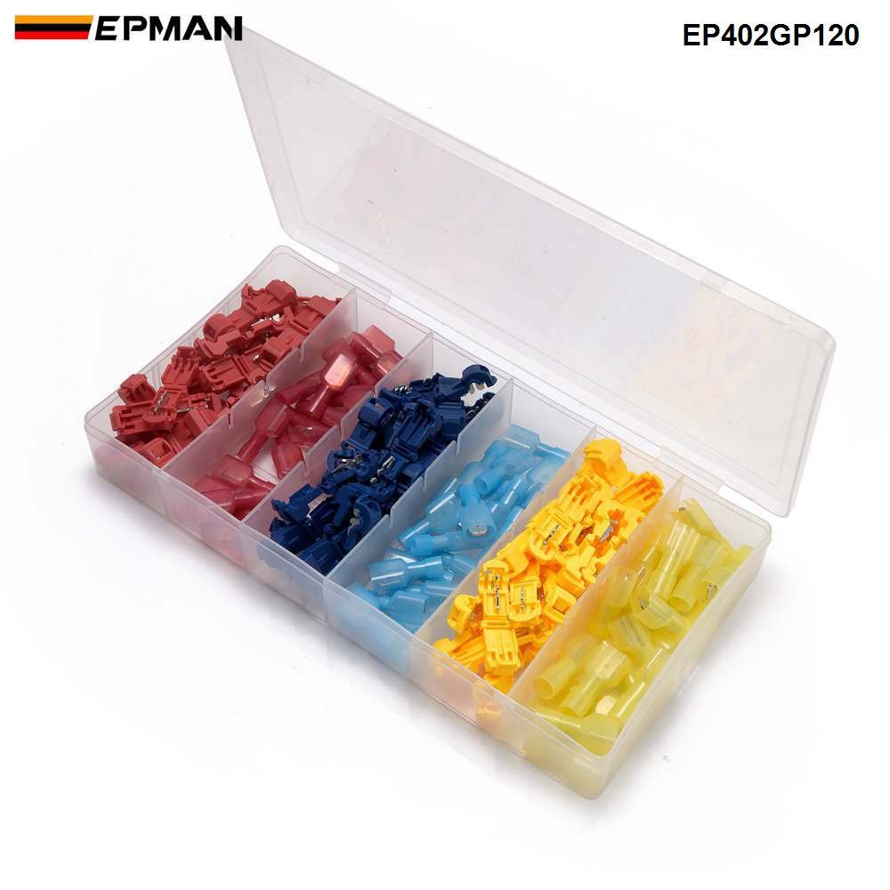 EPMAN 120pcs T-Taps/Male Insulated Wire Terminal Connectors Car Alarm Installation Quick Splice Wire Connector EP402GP120