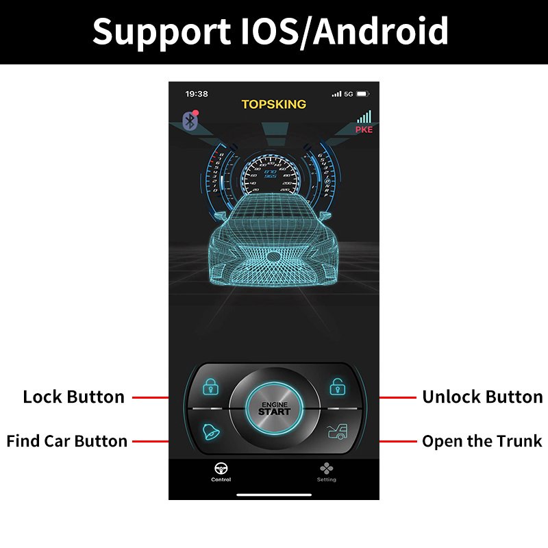 Car Alarm System with Engine Start/Stop Auto Switches Button and BT Mobile APP Control