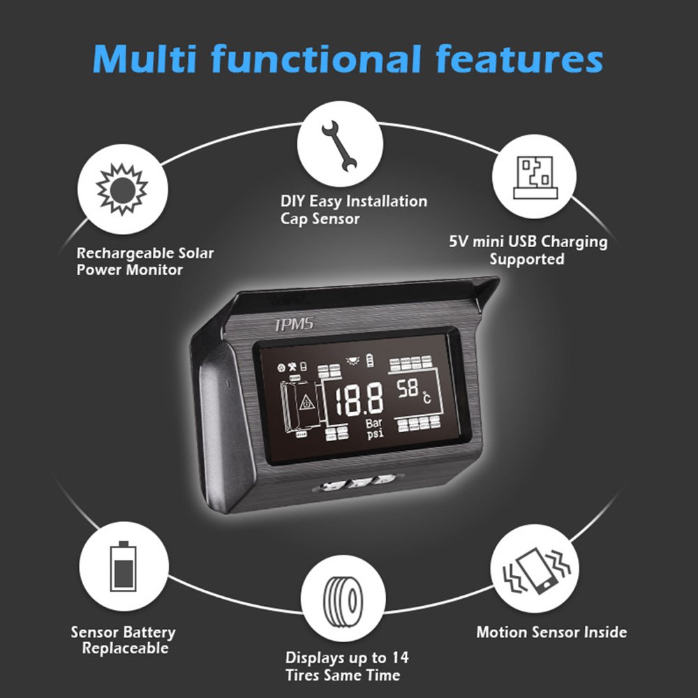 Automatic Wireless Digital Tpms Sensor Solar Tire Pressure 6 8 10 14 16 18 22 26 Wheels Tyre Monitor System Tpms for Truck Bus