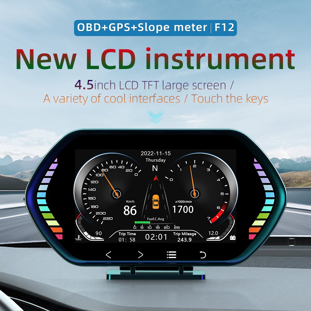 WiiYii F12 OBD2 Scanner GPS Smart Car Head-Up Display with Slope Meter LCD Clock Water Temperature Function Hot Sale Speedometer