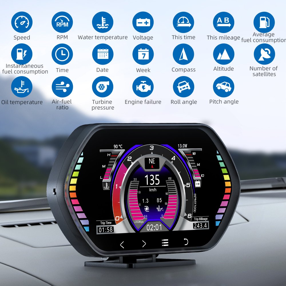 WiiYii F12 OBD2 Scanner GPS Smart Car Head-Up Display with Slope Meter LCD Clock Water Temperature Function Hot Sale Speedometer