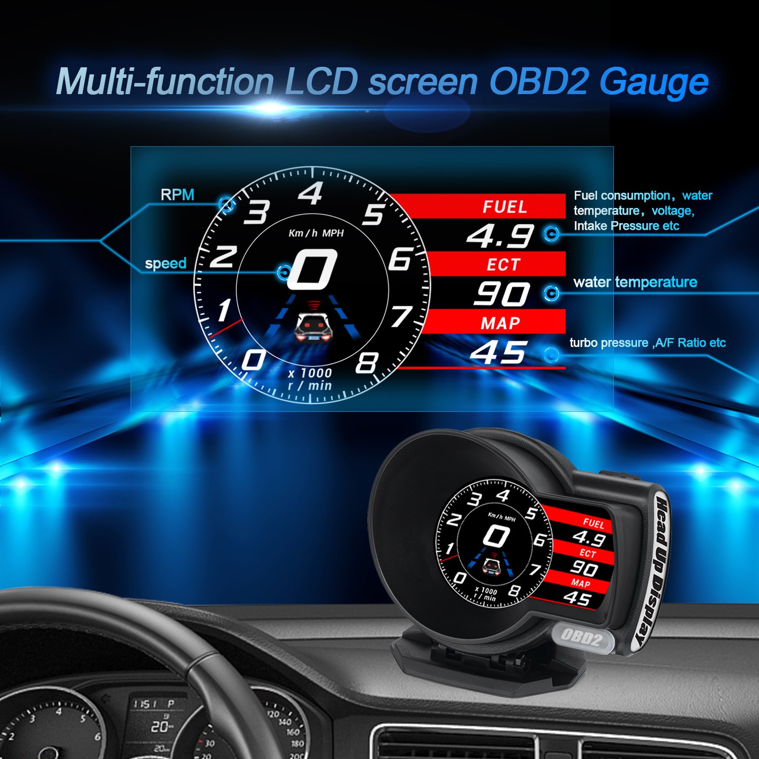 2023 Hot Selling OBD2 Gauge Auto Diagnostic Tool Cars F8 Car Head Tpms Display Water Temperature Car Alarms