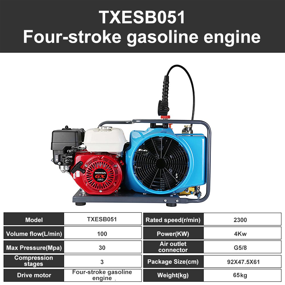 TUXING Three Cylinders 100L Manual Stop Gasoline High Pressure 30mpa 300bar 4500psi Scuba Diving Fire Fighting Air Compressor