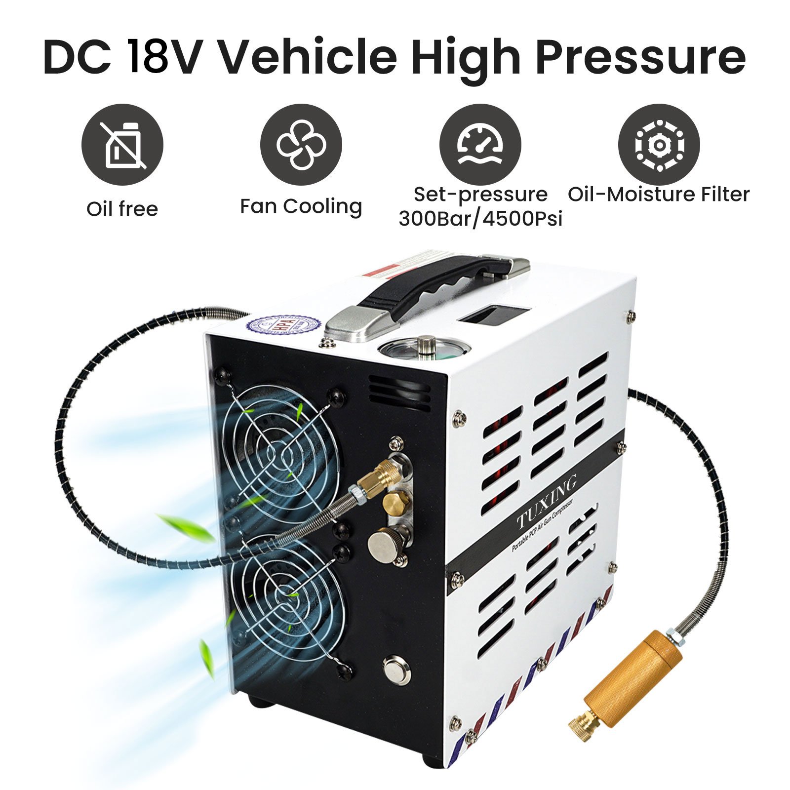 TUXING New Arrivals 18V White High Efficiency HPA 30Mpa 4500psi 300bar Auto Stop CE Lithium Battery Paintball PCP Air Compressor