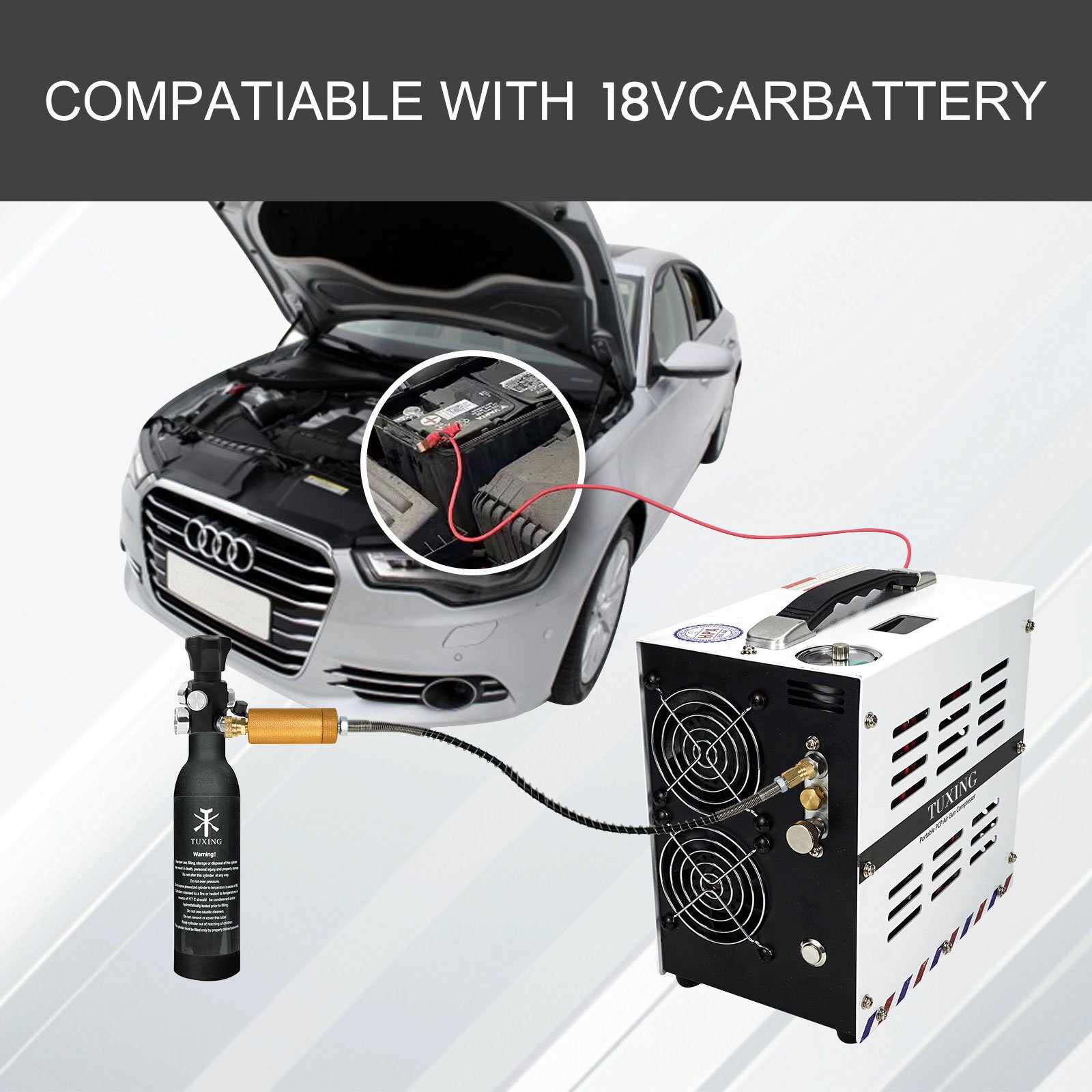 TUXING New Arrivals 18V White High Efficiency HPA 30Mpa 4500psi 300bar Auto Stop CE Lithium Battery Paintball PCP Air Compressor