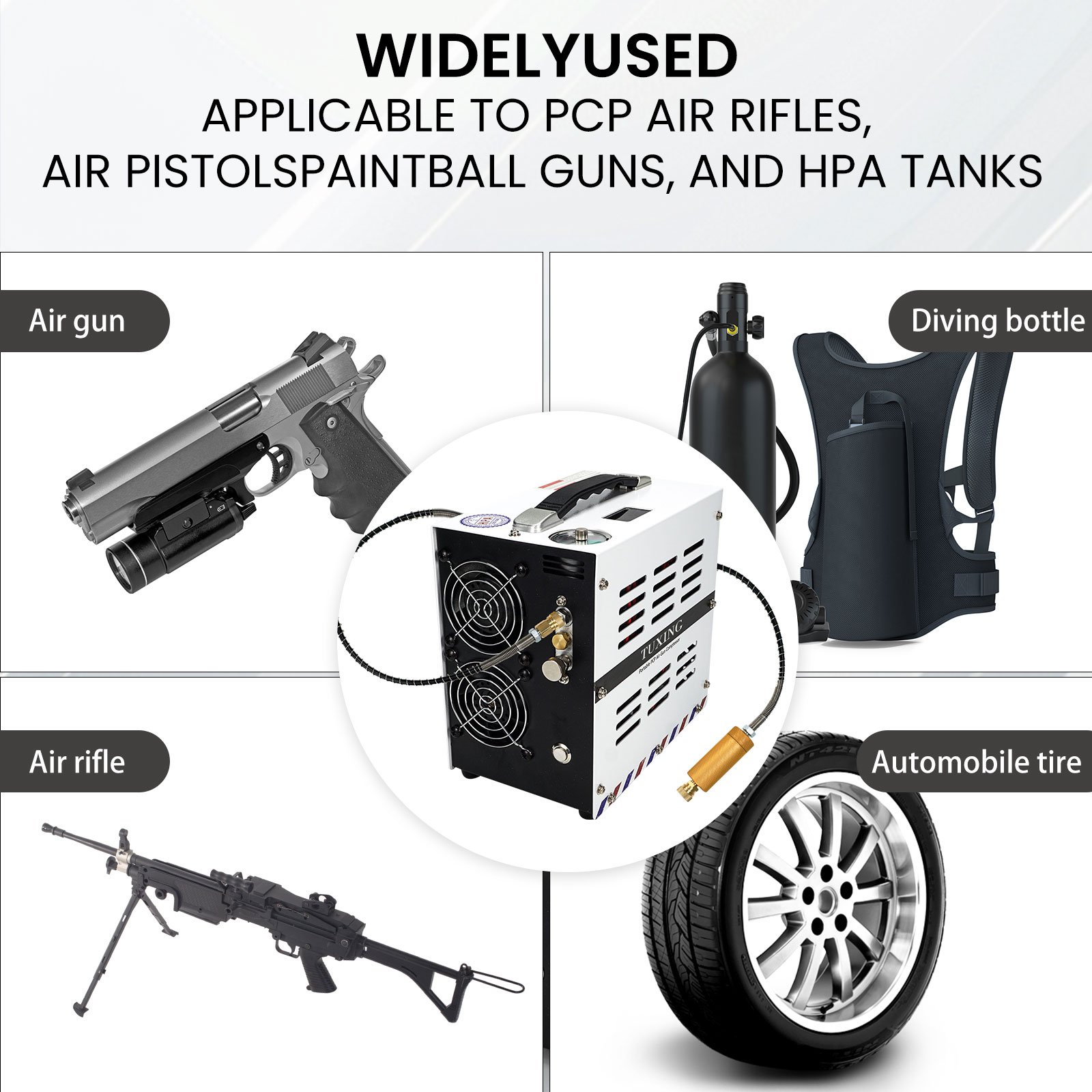 TUXING New Arrivals 18V White High Efficiency HPA 30Mpa 4500psi 300bar Auto Stop CE Lithium Battery Paintball PCP Air Compressor