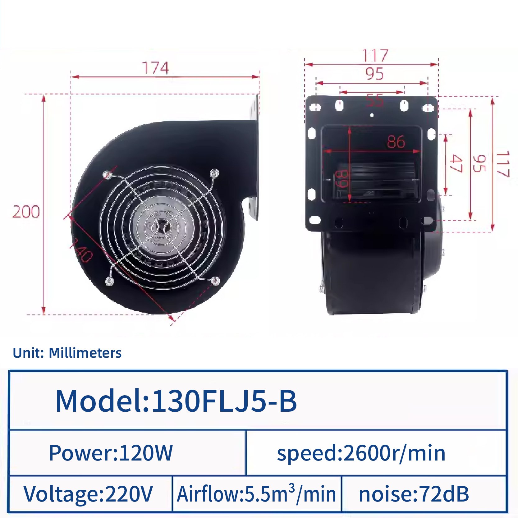 JEEK High Quality Copper Motor 130FLJ5 120W 220v 50HZ 2600rpm High Flow Kitchen Exhaust Centrifugal Blower Fan