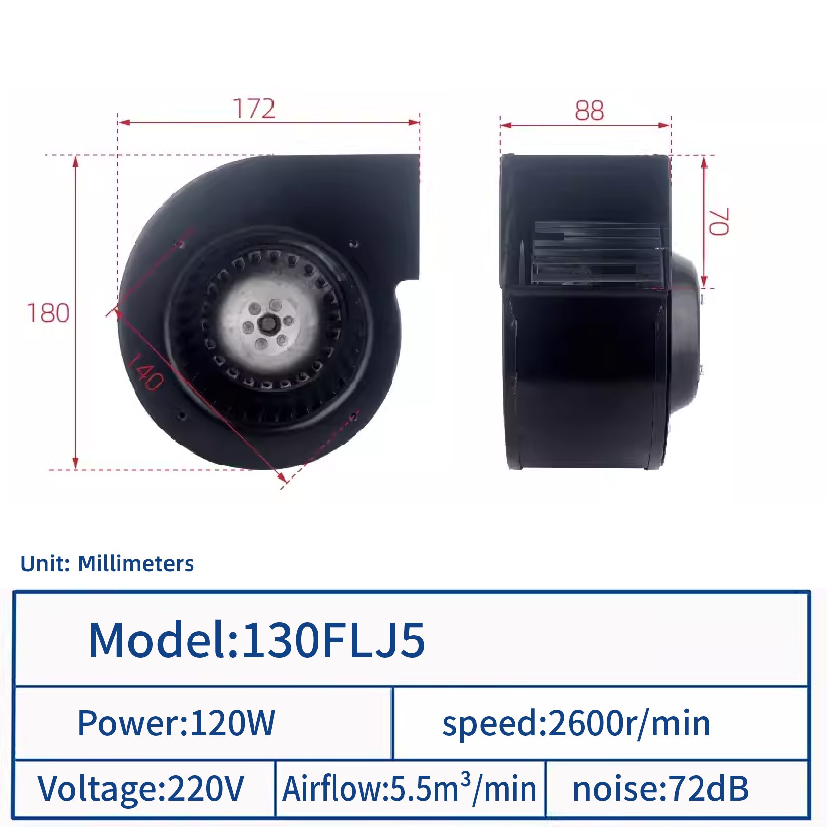 JEEK High Quality Copper Motor 130FLJ5 120W 220v 50HZ 2600rpm High Flow Kitchen Exhaust Centrifugal Blower Fan