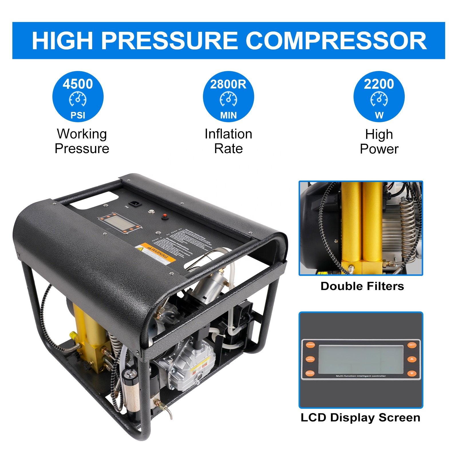 GP Auto Purge LCD High Pressure 300bar 4500psi 30mpa Double Filter Scuba Breathing Diving Inflatable Bottle Air Compressor