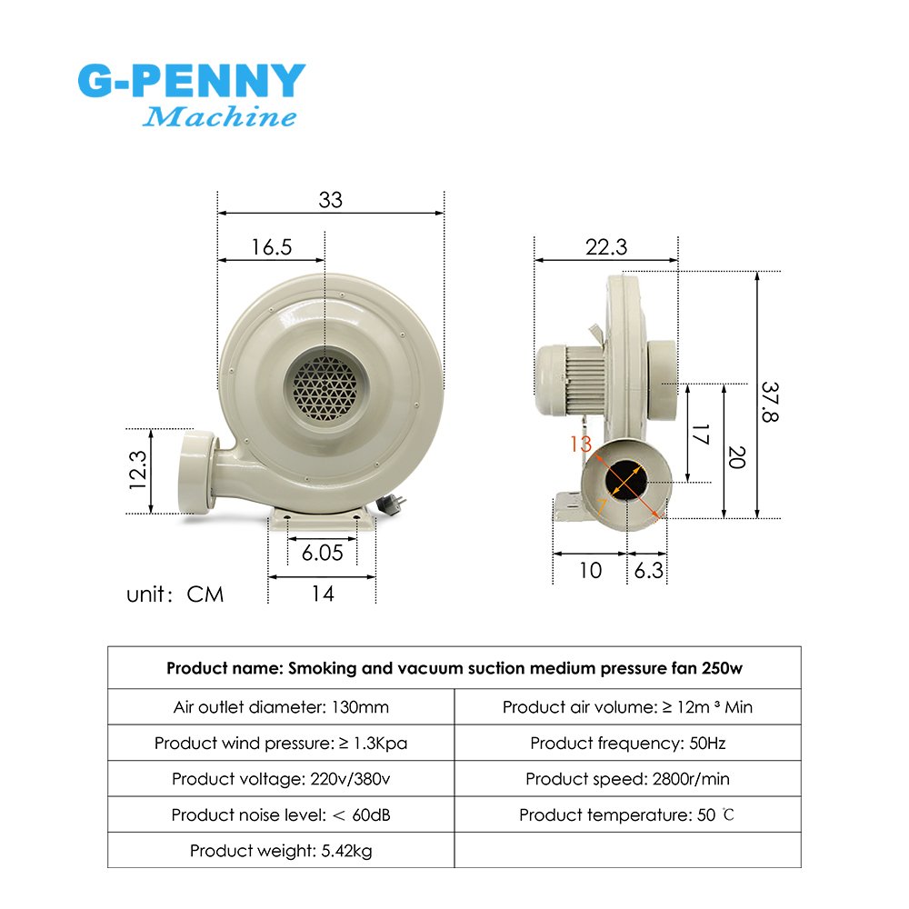 G-Penny 250w 370w 550w 220V/380V Centrifugal Medium Pressure Fan Exhaust Fan Air Blower for CO2 Laser Engraving Cutting Machine