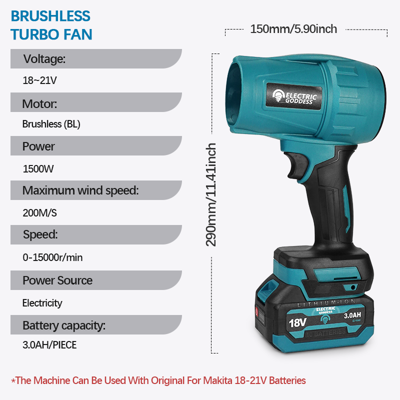 Electric Goddess Cordless for Makita 18V Battery Brushless Handheld Turbo Fan Jet Air Blower