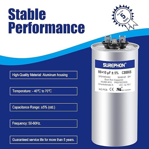 CBB65 80+10 uF 80/10 MFD 370V 440V Run Capacitor for AC Unit Fan Motor Start, Heat Pump, or Condenser Straight Cool