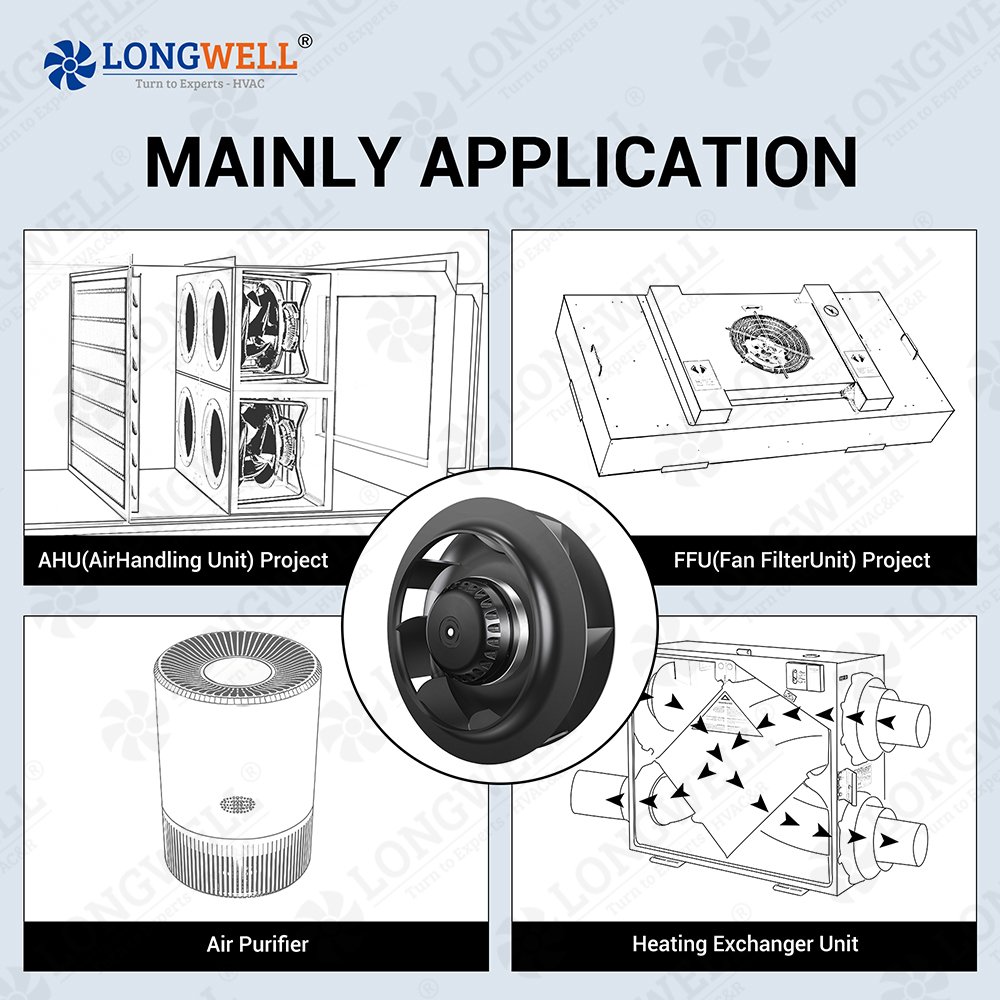 Longwell 225mm AC 115V/230V 120W Plastic Centrifugal Fan Ball Bearing Backward Curved High Pressure for Ventilation System OEM