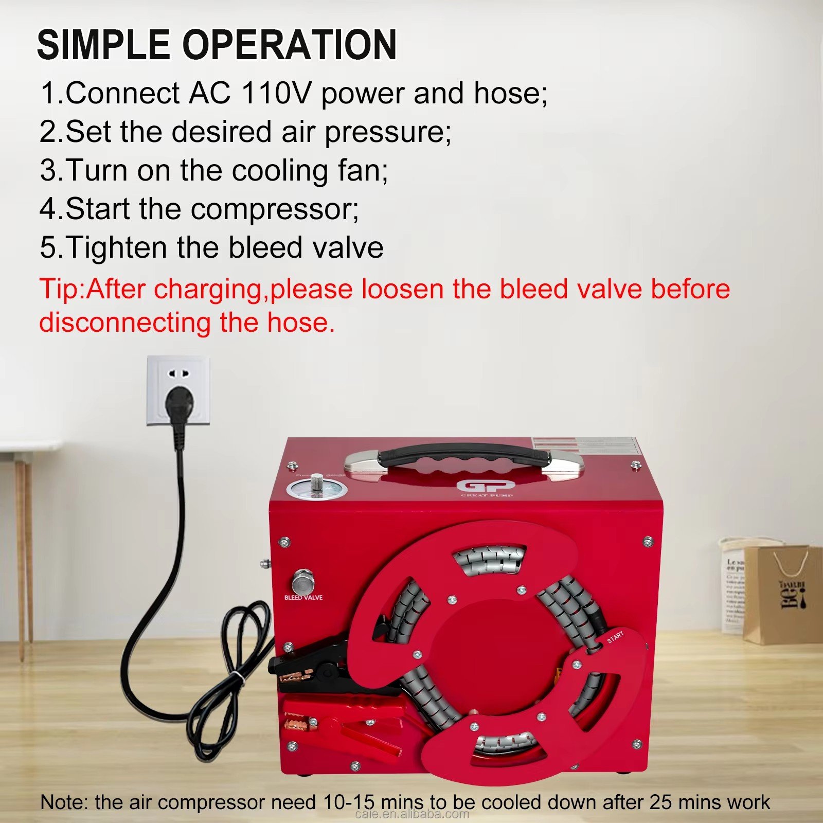 GP Stable Performance ODM 12V 110V 220V DC Power 4500psi 300bar Automatic Stop Paintball Game Scuba Diving PCP Air Compressor