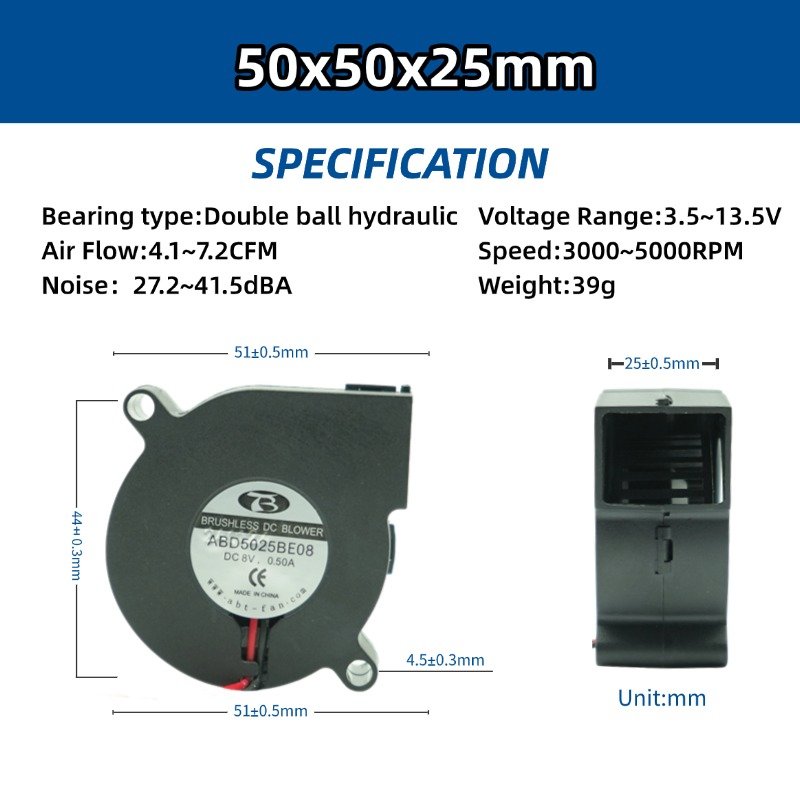 OEM ODM 5000RPM 50mm 50x50x25mm Dual Balls Hydraulic Bearings Blower Fan DC 5V 12V 24V Voltage Low Noise Turbo Fans