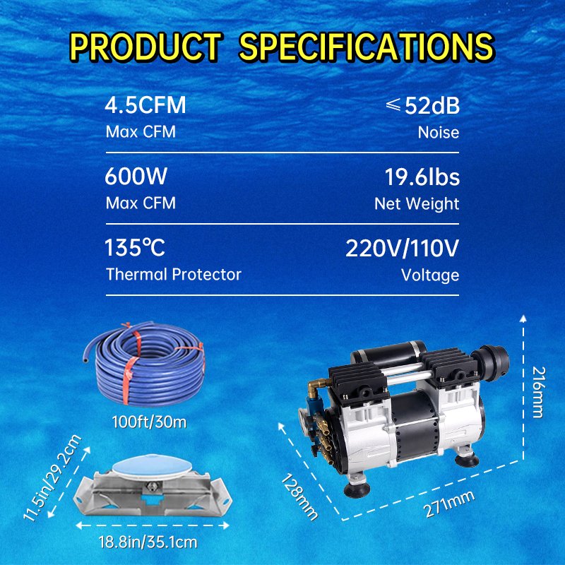Complete System Ac Power 110v/220v Aerator Compressor 170LPM Air Compressor for 3 Acres Pond and Lake