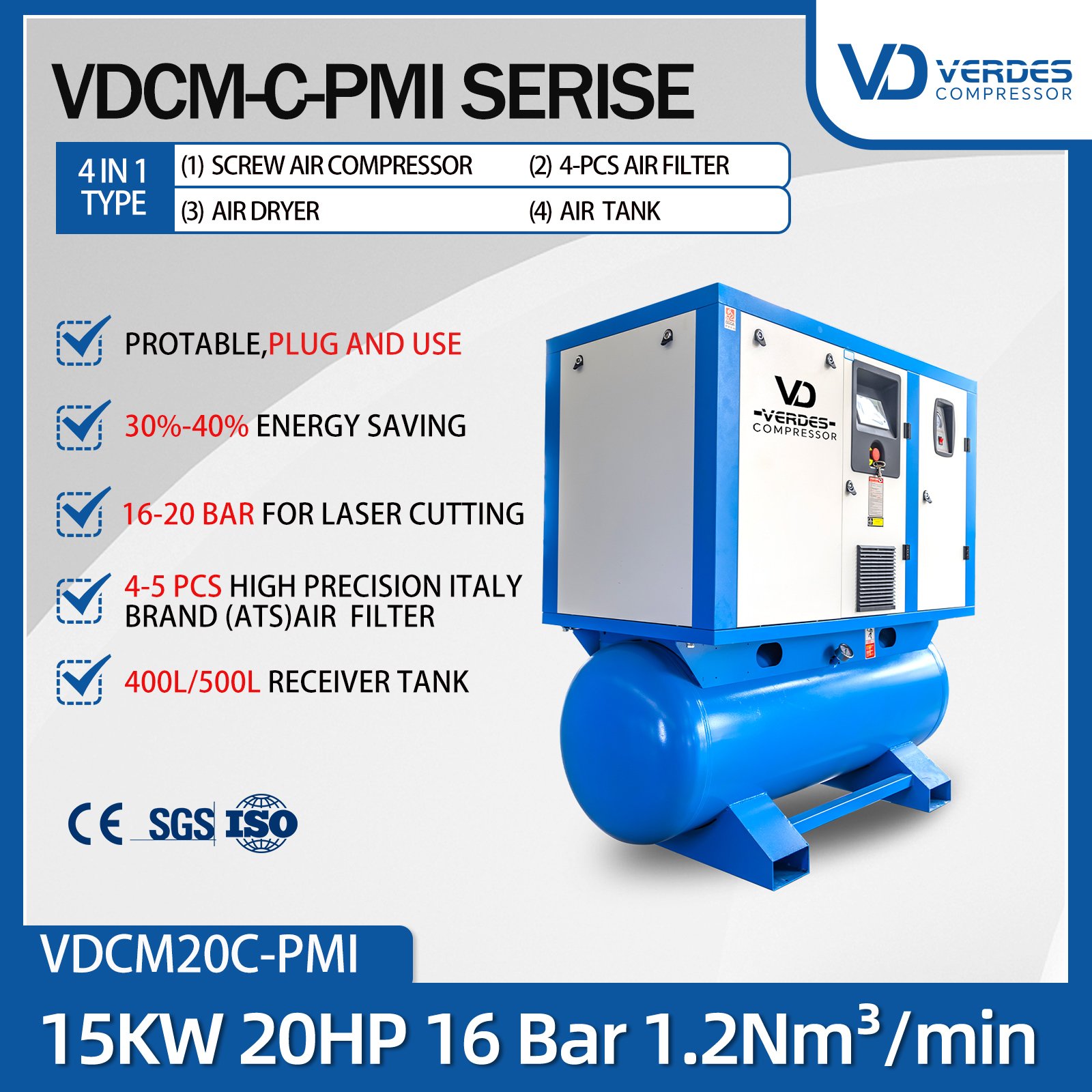 VERDES Energy Saving 7.5kw 11kw 15kw 22kw All in One 15 Hp Air Compressor 12 Bar 500lt Air Compressor 4 in 1 Air Compressor