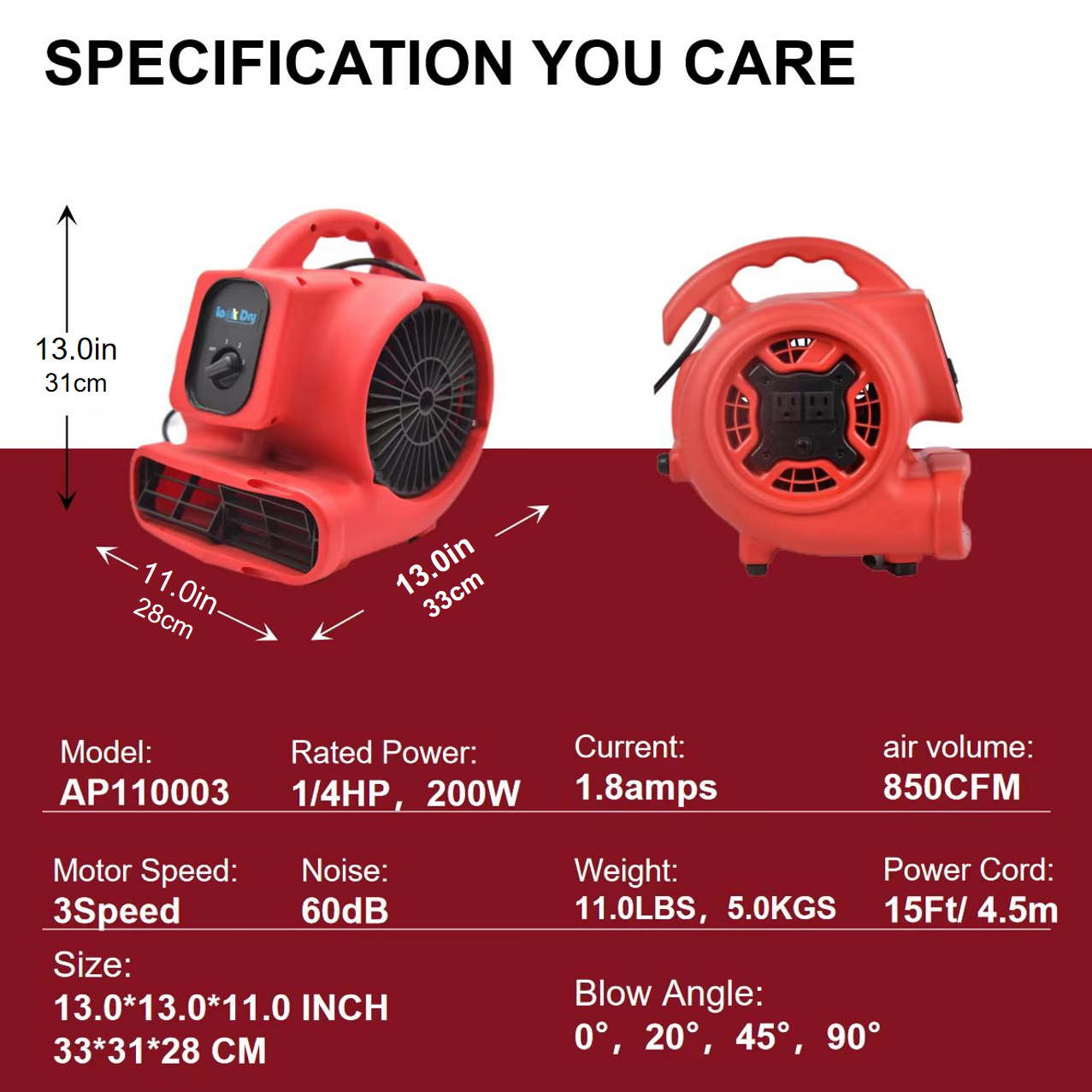1/4hp 800cfm Axial air Mover Floor Dryer Multidrying Floor Blower Fan