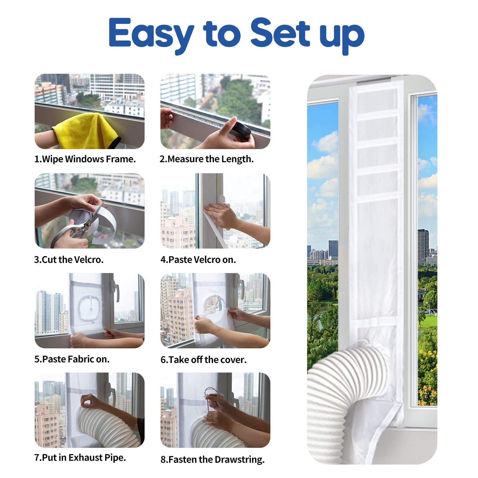 25x102~162cm 100% Sealing Portable AC Window Seal Kit Vent Kit Airlock Window Seal with Elastic String
