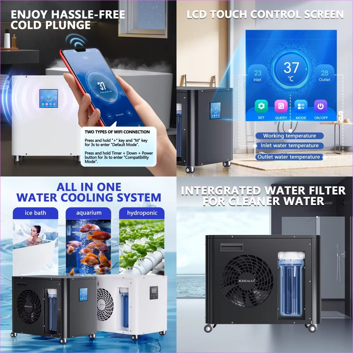 ICEGALAX Best Factory Price Sports Fitness Recovery 1HP Fast Ice Bath Water Chiller Cooling System Smart with Water Chiller