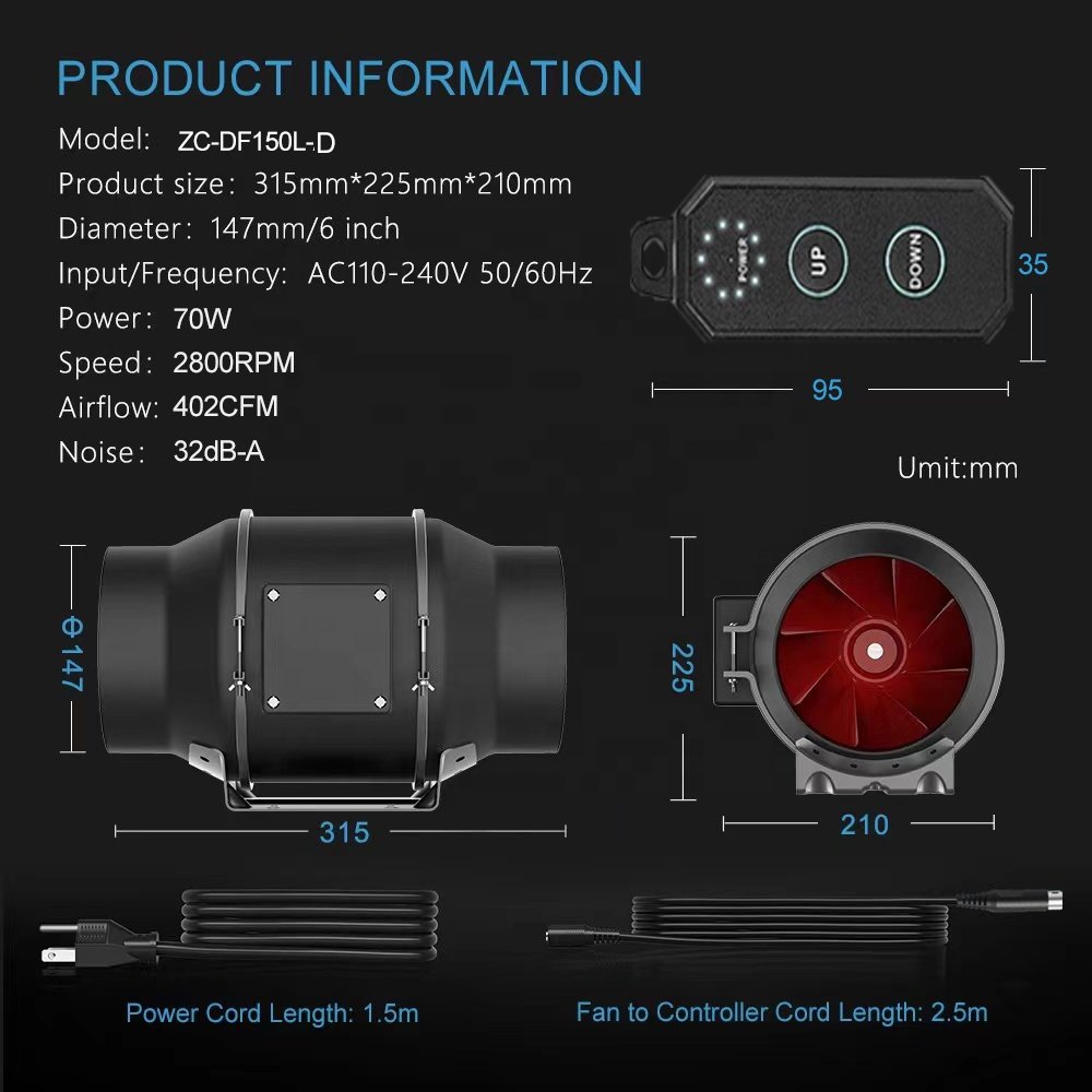 Factory Direct Sale 6 Inch 402CFM Duct Fan With Electronic Controller Ducted Wall Ventilation Fan for Grow Tents Hydroponics