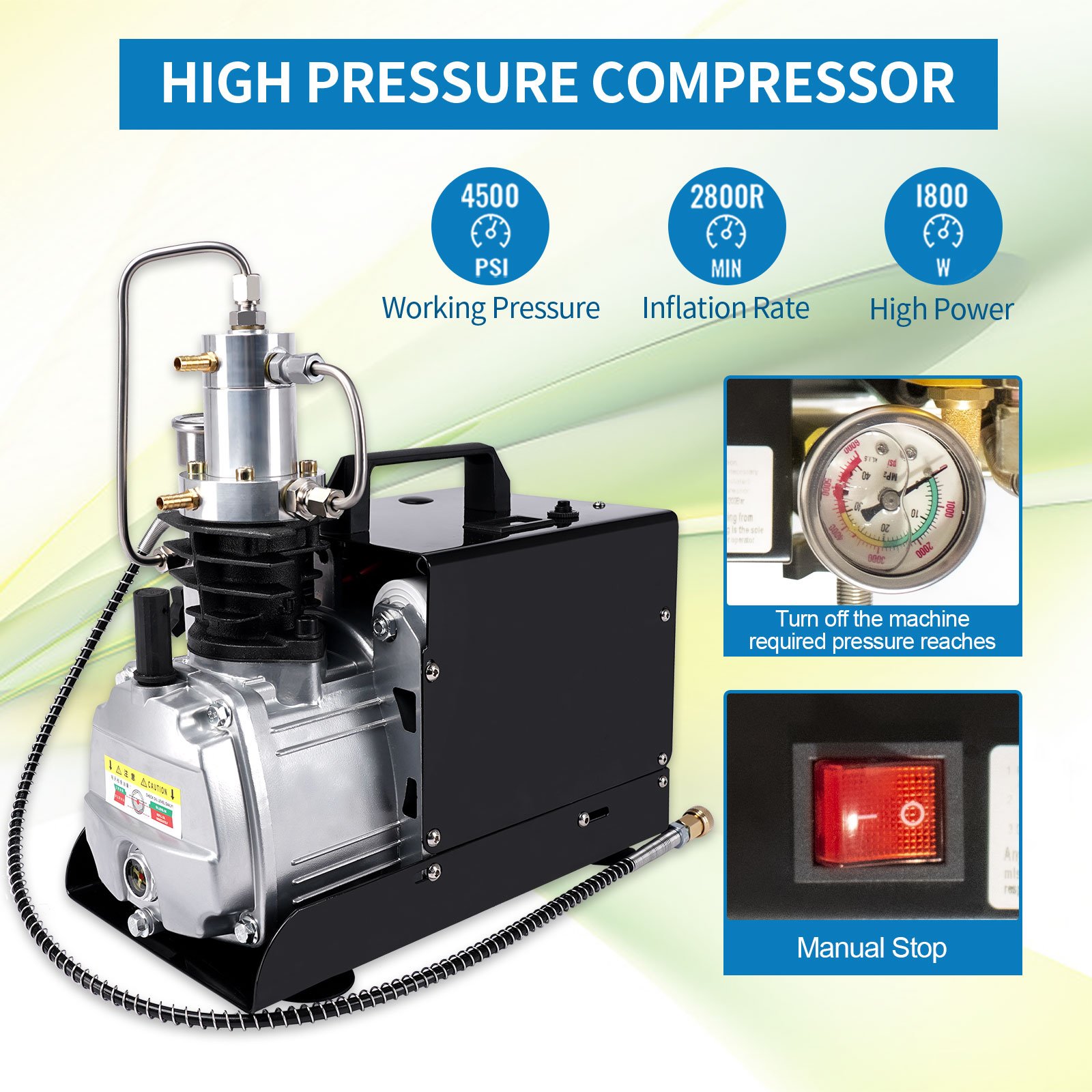 GP High Quality Portable Single Cylinder Manual Stop 30mpa High Pressure 1.8kw 4500psi 300bar Paintball Household Air Compressor