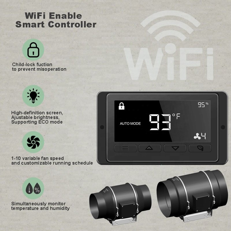 Slient WiFi 8 Inch 830CFM Ec Duct Fan with Temperature and Humidity Controller Exhaust Blower Inlin Duct Fan for Hydroponics
