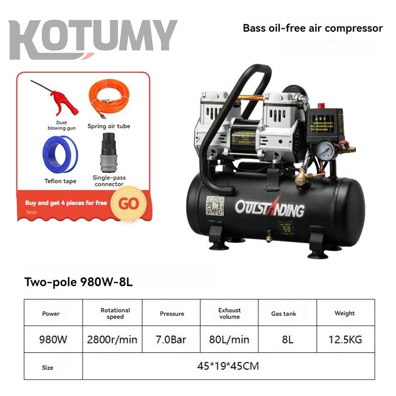 High Pressure Electric 980W Silent Oil Free Small Portable Reciprocating Piston air Compressor