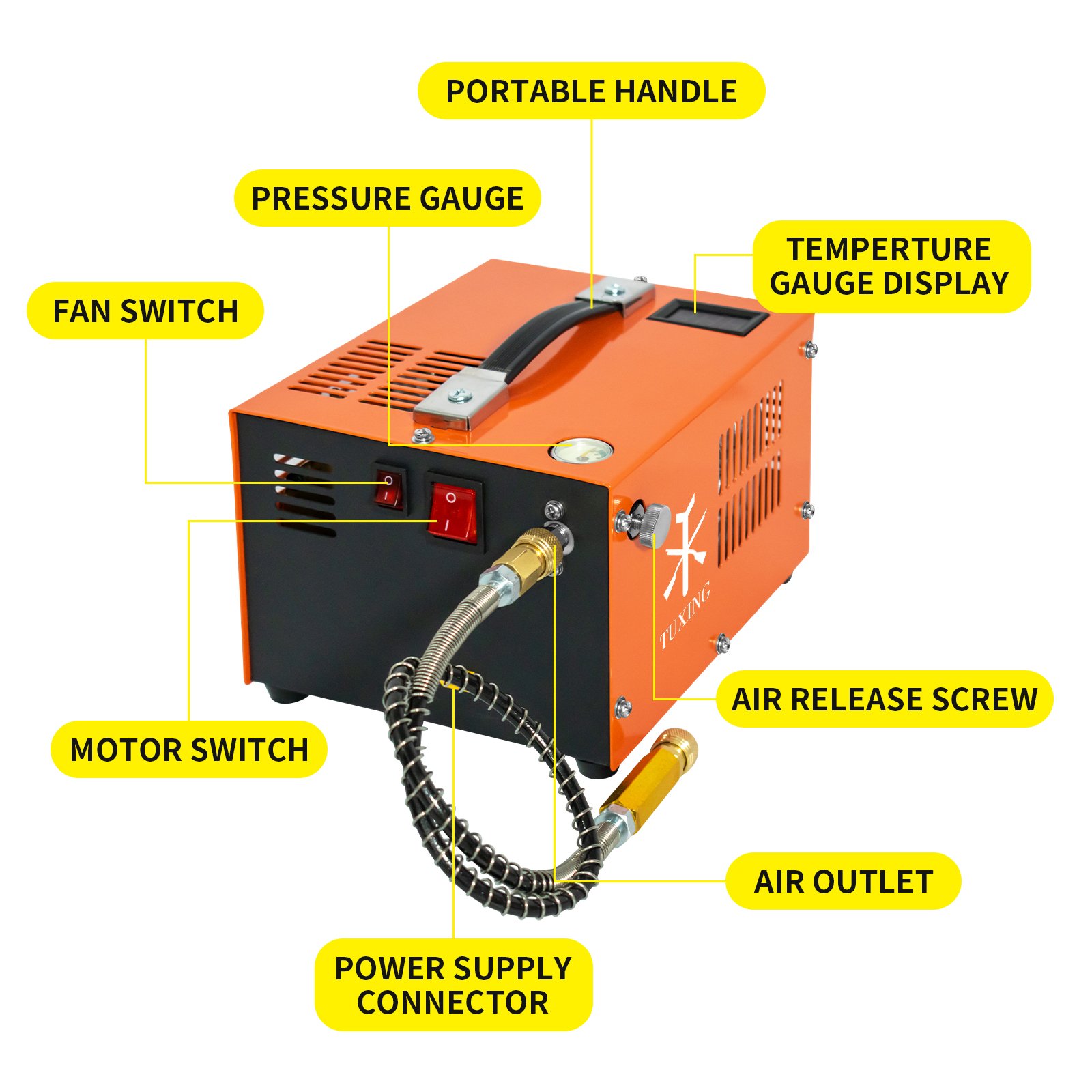 TUXING Manufacturer Custom Color 12V Car Power High Pressure 110V 220V 4500psi Temperature Display Paintball PCP Air Compressor