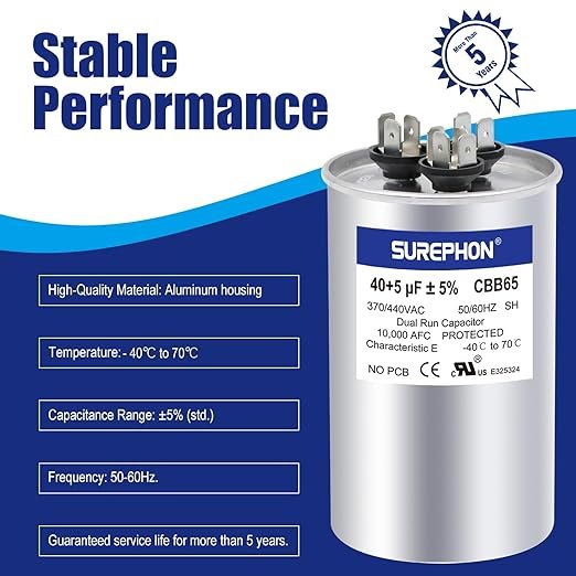 CBB65 40+5 uF 40/5 MFD 370V 440V Run Capacitor for AC Unit Fan Motor Start, Heat Pump, or Condenser Straight Cool