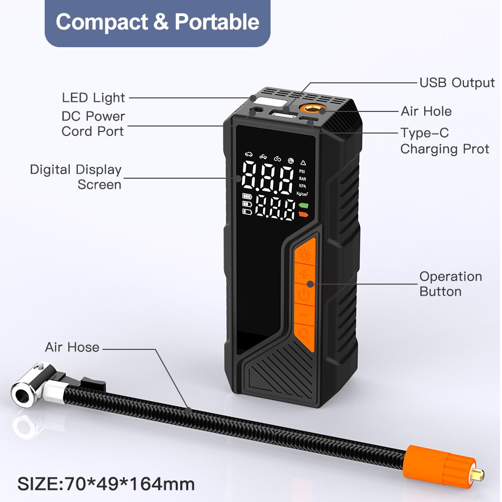 2025 Newest ABS 19mm Tire Inflator 4500mAh Battery & Cigarette Lighter Car Air Compressor 150psi Car Accessories