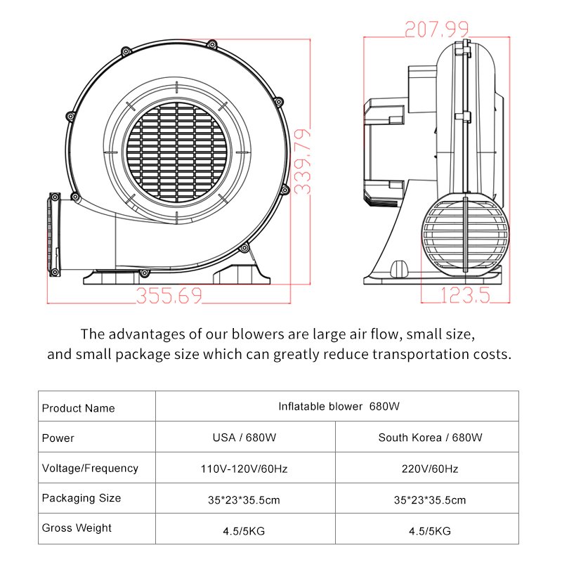 Commercial Use New Design Compact High Air Flow Jumping Castle 680W Inflatable Blower for Household Outdoor Hotel Garage