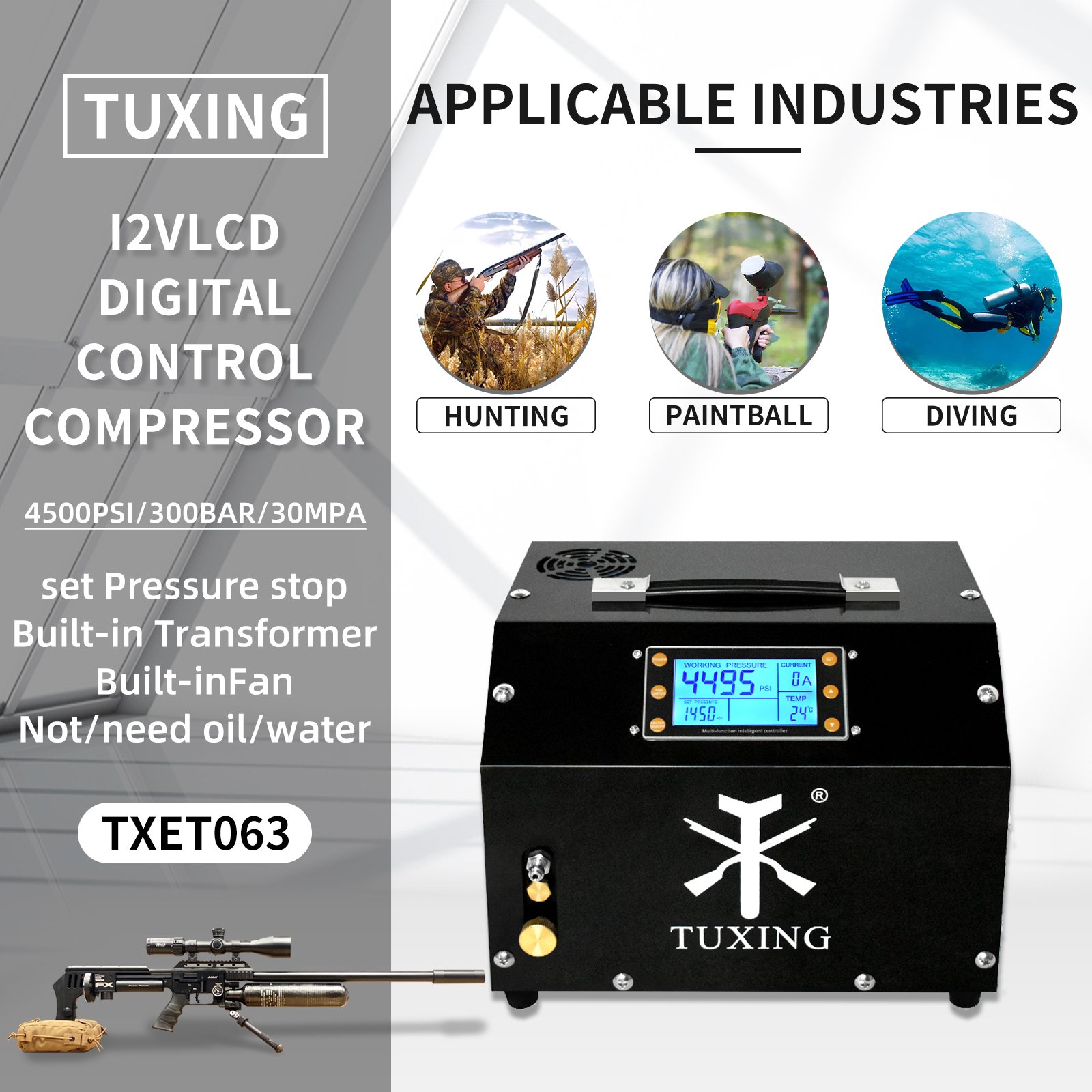 TUXING Low Price 4500psi 300bar 220V Electric Intelligence Auto Shut-off LCD Display Control Screen Pump 12V PCP Air Compressor