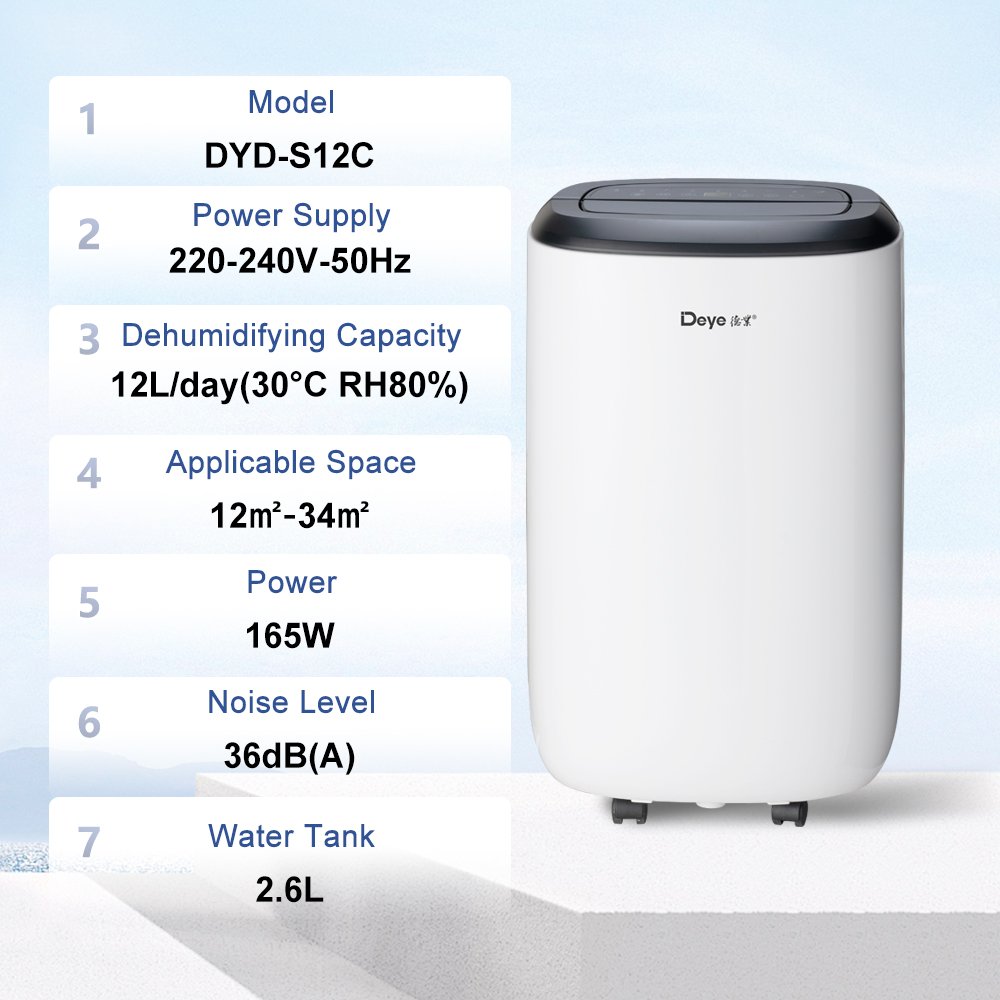 Deye OEM ODM Dehumidifier Factory DYD-S12C R134a 12L air Purifier Commerical Home Dehumidifier For Bedroom