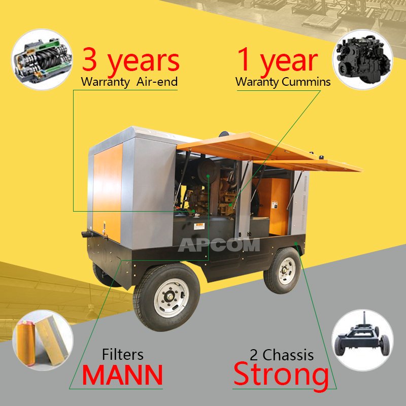 Diesel Screw Air Compressors Cummins Engine Portable Mining air Compressor for Jack Hammer Water Well Drill Rig High Pressure