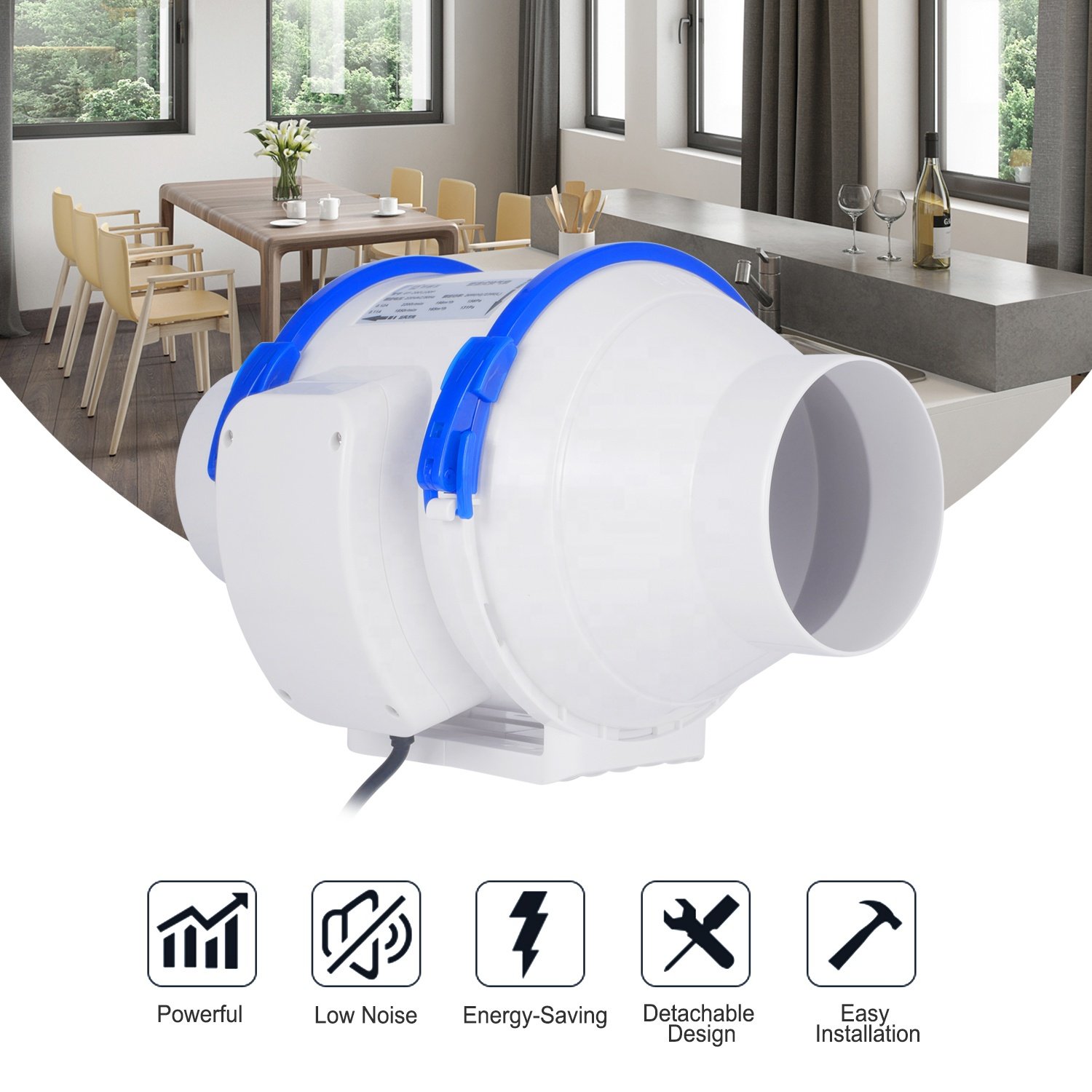 Hon&Guan Mixed Flow Duct Fan Noiseless High Efficiency Exhaust Fan Mixed Flow Extractor Protection Grade IP44