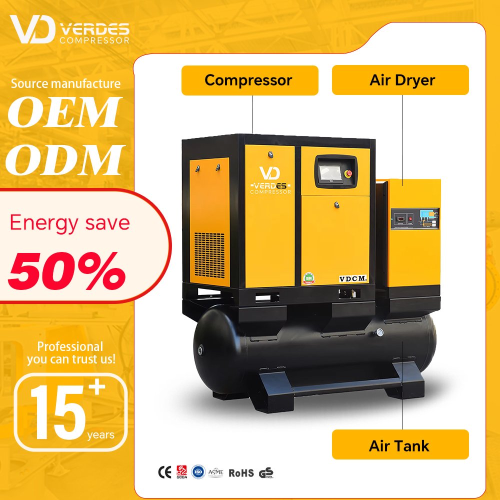 Rotary Screw Air Compressor Type Inverter Oil Less Screw Air-Compressor 10 bar 8 bar 10 20hp 30hp 50hp with Dryer 500l