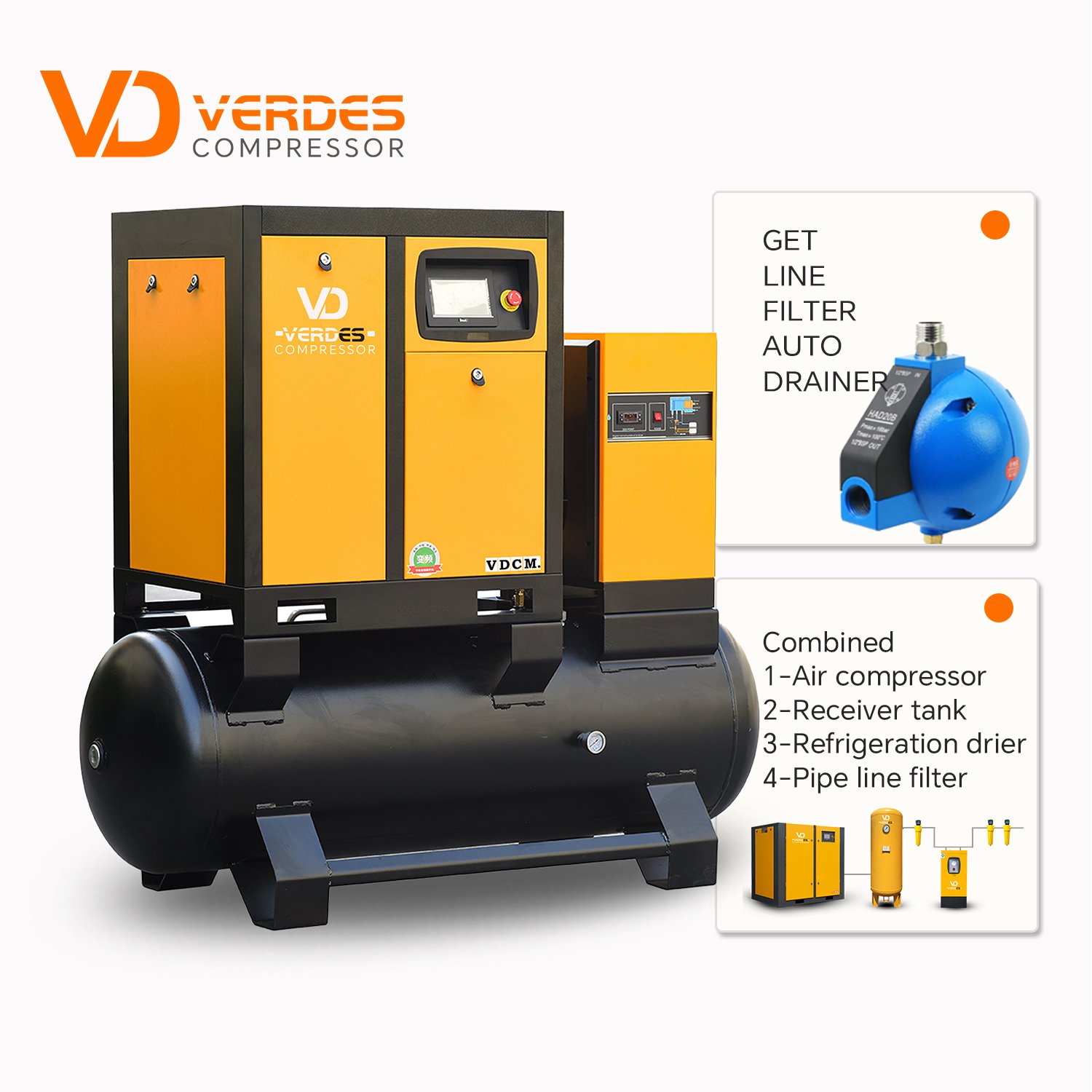 Rotary Screw Air Compressor Type Inverter Oil Less Screw Air-Compressor 10 bar 8 bar 10 20hp 30hp 50hp with Dryer 500l
