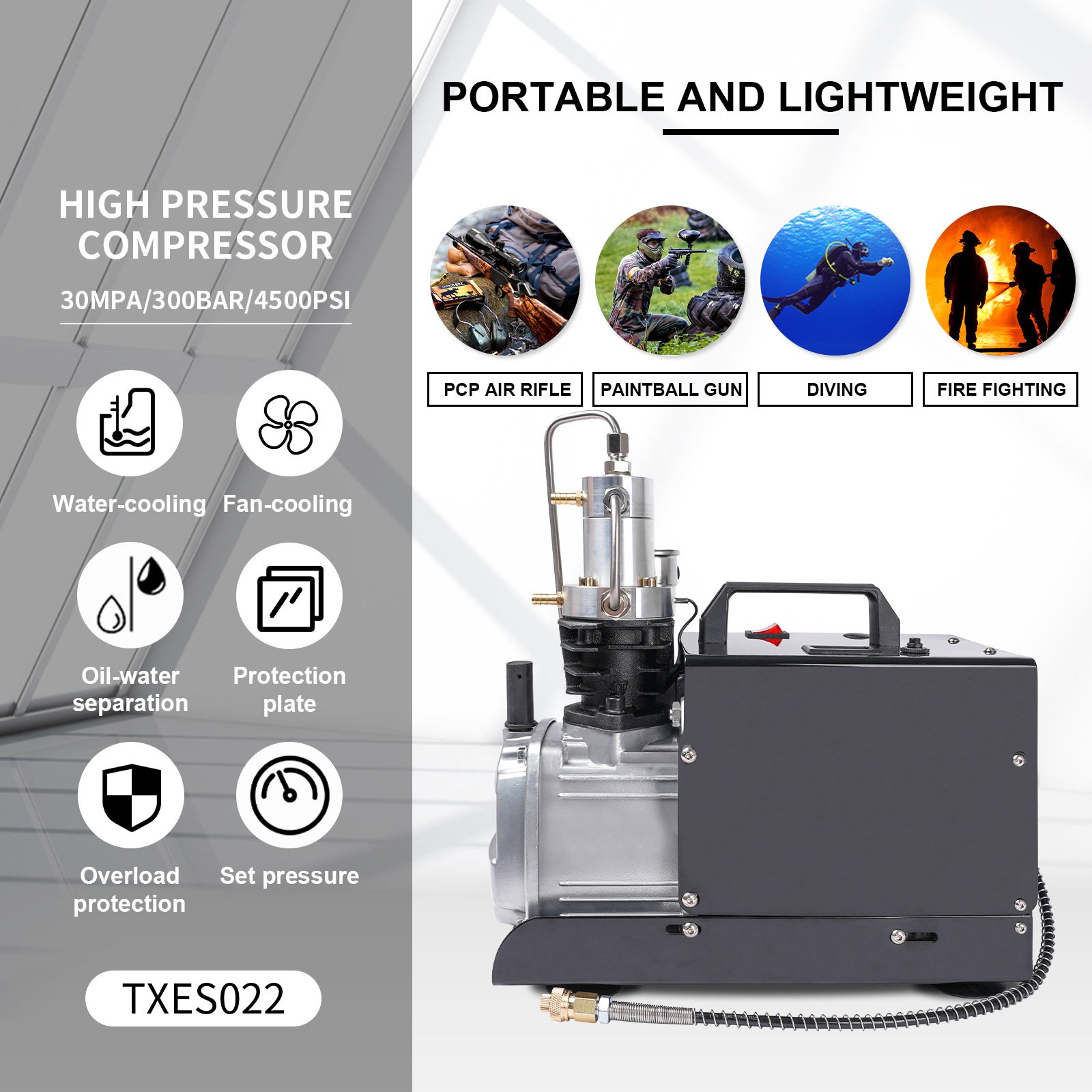GP Portable Long Term Used Auto Stop 220V High Quality Fan Cooling 30Mpa 300bar 4500psi Electric PCP Paintball Air Compressor