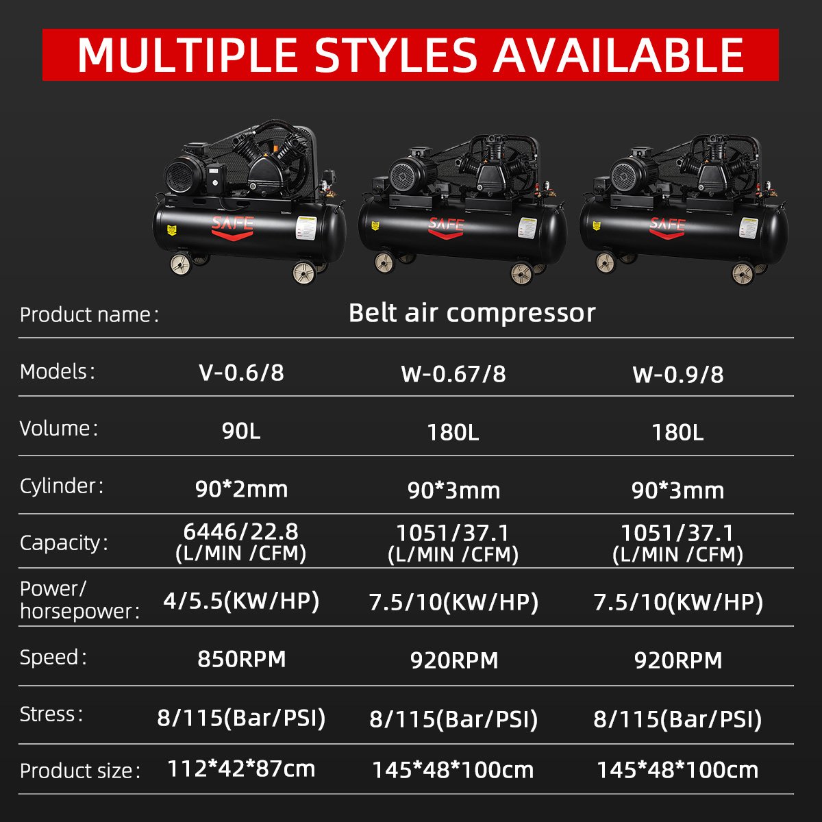 SAFE 7.5kw 10 Bar Air Compressor Piston Type with Lubricated Motor and Bearing 80 Gallon for Store and Factory Use