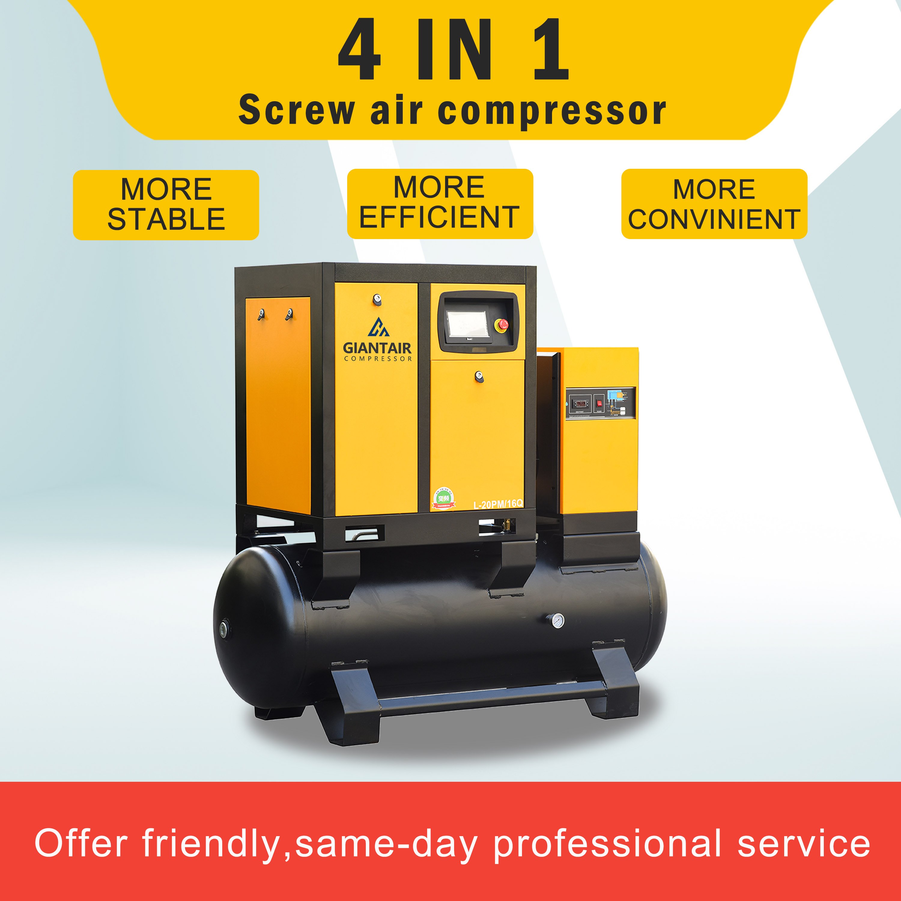 GIANTAIR 18.5kw/25HP All in One Industrial Combined Screw Air Compressor with Tank 600L